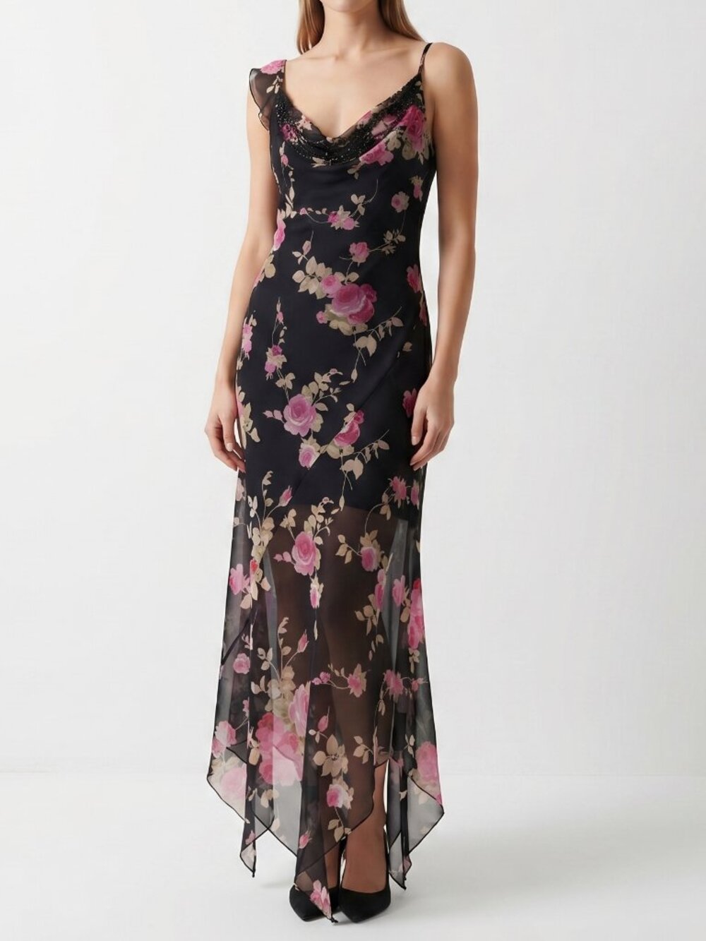 Vintage Dark Floral Beaded Cowl Maxi Dress Fairy Grunge Coquette - Picture 1 of 12